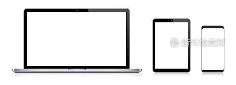 Laptop, Tablet, Smartphone, Mobile Phone In Black And Silver Color With Reflection, Realistic Vector Illustration